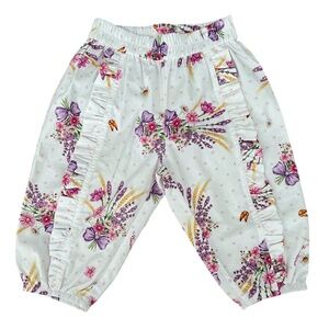 Monnalisa Trousers Girls 12 Mos White Floral Polka Dot Ruffle Trim Cotton Poplin